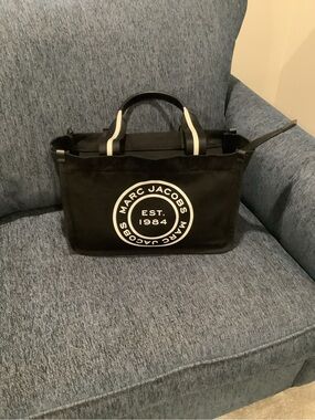 Marc Jacobs Black Canvas Messenger Tote with White Logo